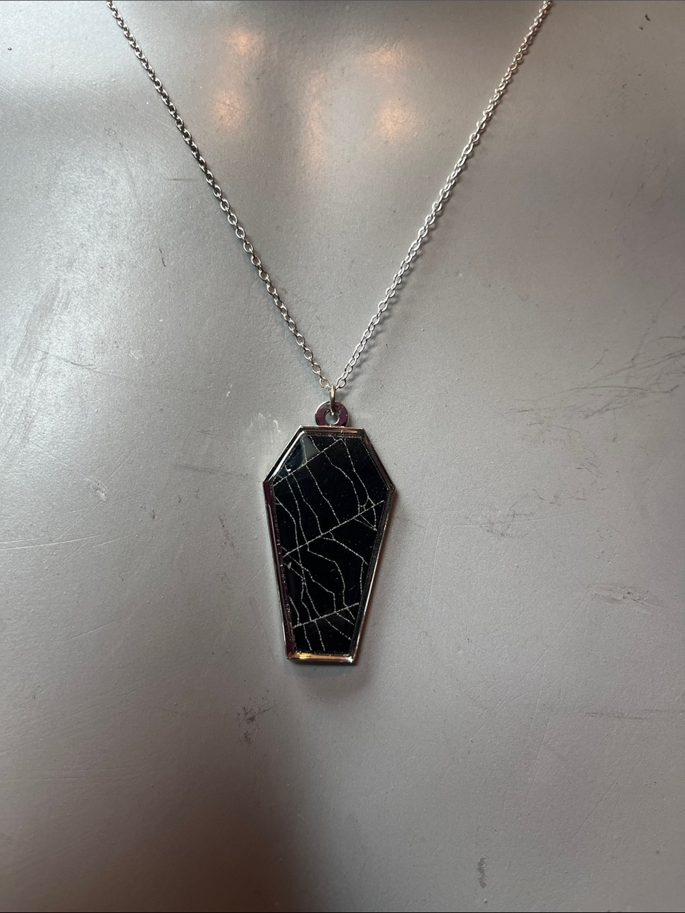 Vampy Goth black + silver spiderweb coffin necklace ⚰️ 🕸️